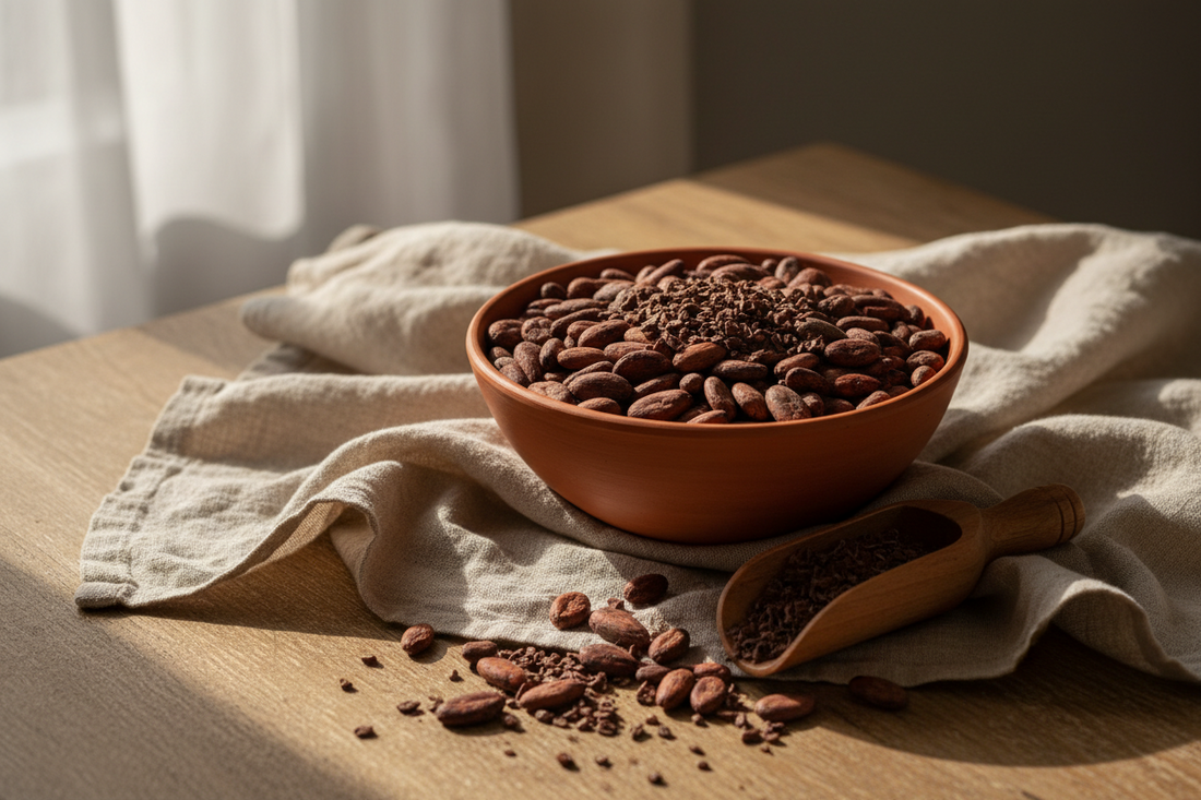 Rohe Kakaobohnen in terrakottafarbener Schale – Theobromin im zeremoniellen Kakao