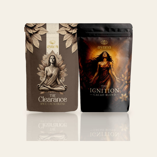 The Clearance und The Ignition Bundle von Ayana Rituals – zwei zeremonielle Kakaos im Set, je 333 g